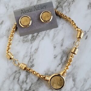 Gold Tone Coin Necklace and Clip Earring Set